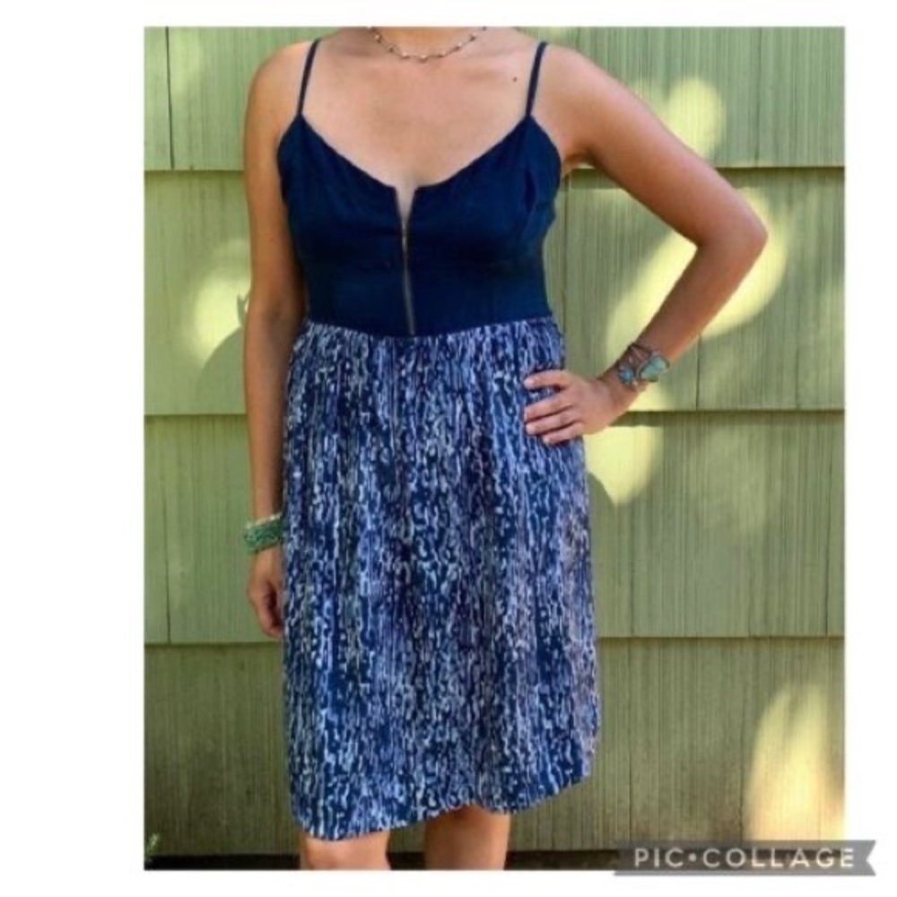 ANTHROPOLOGIE MOULINETTE SOEURS Womens Silk Sundress Blue Print Zip Front